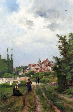 Henri Harpigniés Painting - Lavanderas en una pista de estudio con un pueblo más allá del paisaje de Barbizon Henri Joseph Harpignies